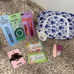 Floral Blue and White Cosmetic Bag with Beauty Bundle 8 pieces